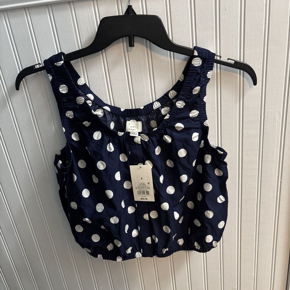 A New Day Polka dot Crop Tank Top Blue white elastic waist Small  NWT Chest 36"